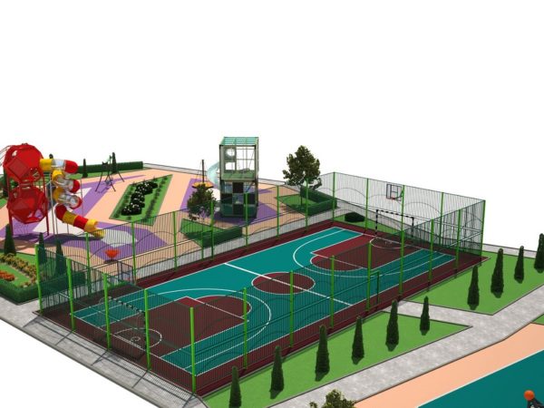 Парковая зона с площадками для игры и спорта